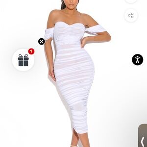 White Off Shoulder Mesh MIDI Dress